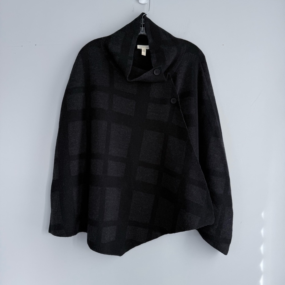 Eileen Fisher Wool Plaid Poncho Cape Wrap Gray Black Check Button Neck One Size - Picture 9 of 16